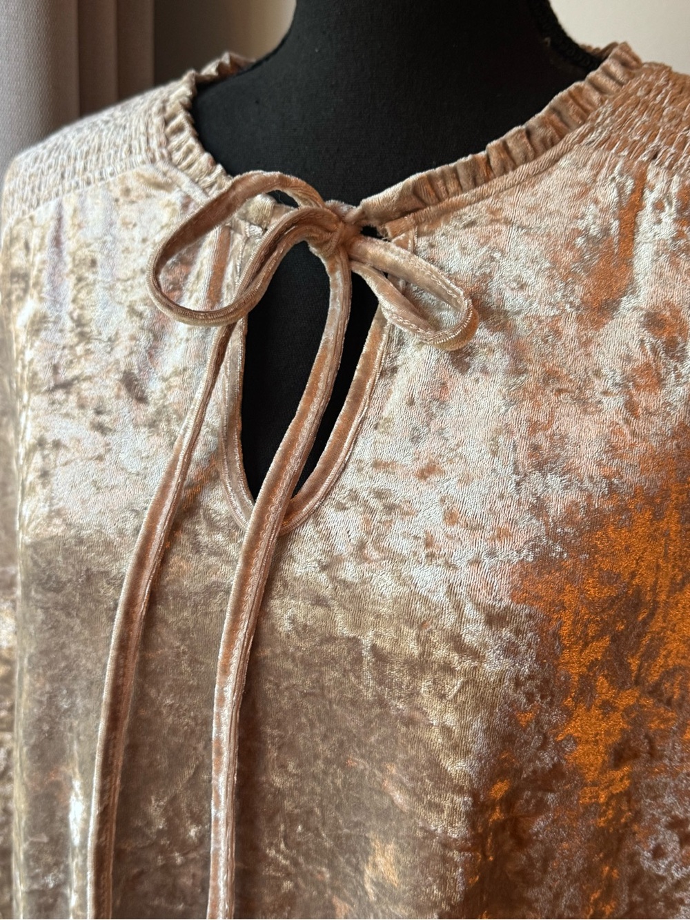 Mystree Taupe Crushed Velvet Tie-Neck Long Sleeve Top - Picture 2 of 7